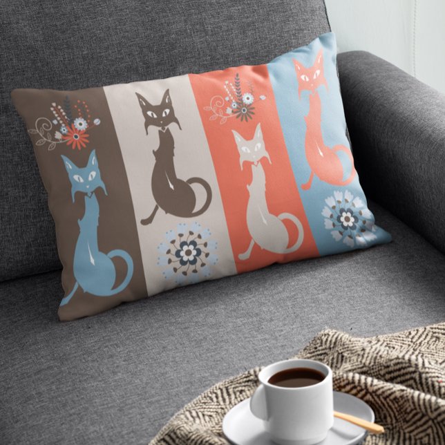 Mid Century Modern Cat Retro Orange Brown Lumbar Pillow (Creator Uploaded)