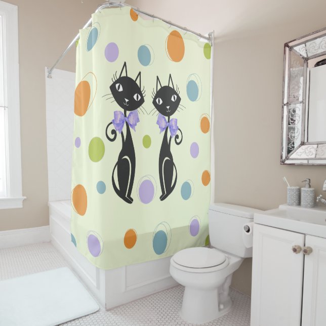 Mid Century Modern Cat Shower Curtain (In Situ)