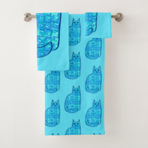 Mid-Century Modern Cat, Turquoise and Navy  Bath Towel Set