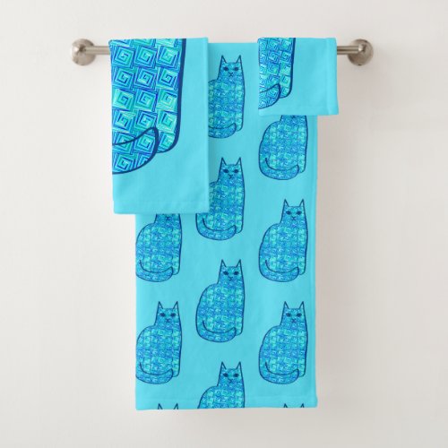 Mid_Century Modern Cat Turquoise and Navy  Bath Towel Set