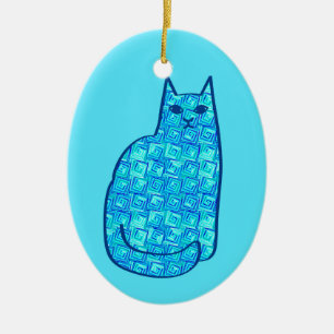 Mid-Century Modern Cat, Turquoise and Navy Ceramic Ornament