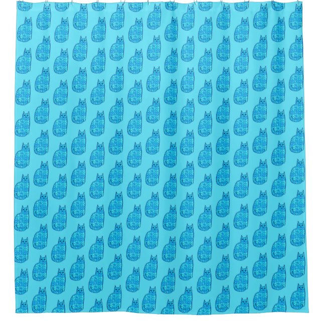 Mid-Century Modern Cat, Turquoise and Navy  Shower Curtain (Front)
