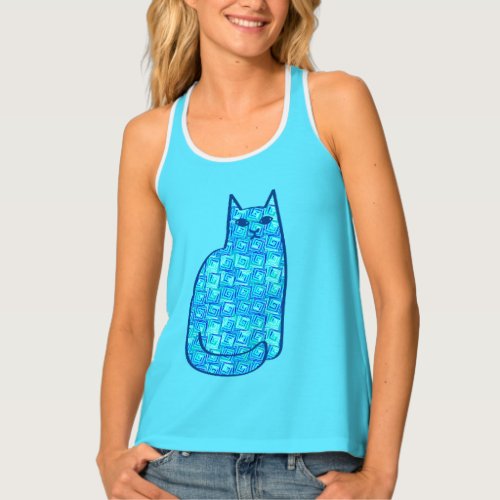 Mid_Century Modern Cat Turquoise and Navy  Tank Top