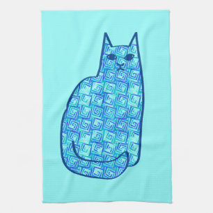 Mid-Century Modern Cat, Turquoise and Navy Towel