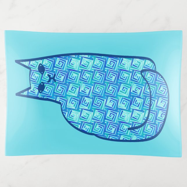Mid-Century Modern Cat, Turquoise and Navy Trinket Tray (Front)