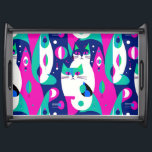 Mid-Century Modern Cats on a Dark Blue Background Serving Tray<br><div class="desc">Serving tray in a mid-century modern-inspired design featuring two stylized cats in bold,  geometric shapes of turquoise,  magenta,  dark blue,  and white. Abstract patterns and retro shapes fill the background,  giving it a fun,  vintage vibe with a minimalist edge.</div>