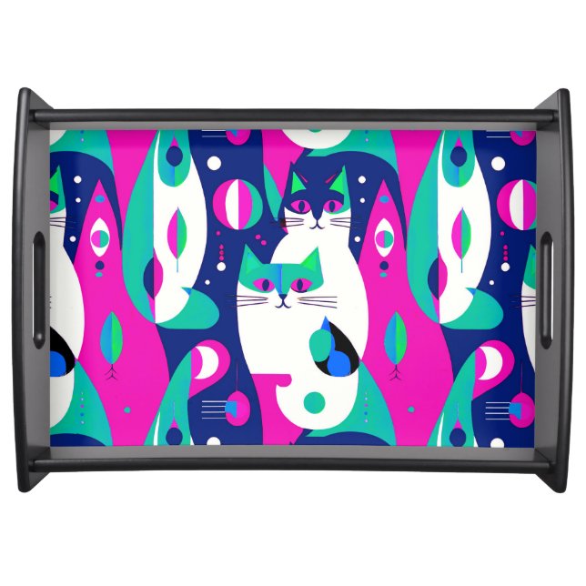  Mid-Century Modern Cats on a Dark Blue Background Serving Tray (Front)
