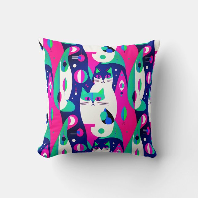  Mid-Century Modern Cats on a Dark Blue Background Throw Pillow (Front)