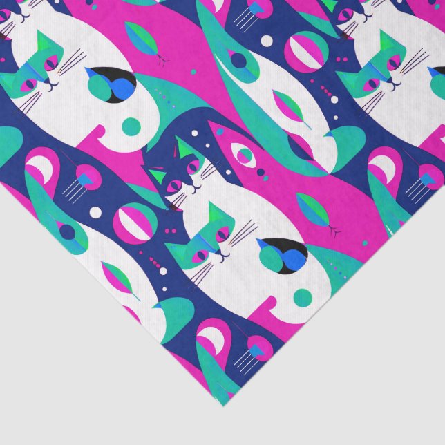  Mid-Century Modern Cats on a Dark Blue Background Tissue Paper (Detail)