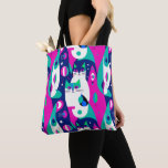 Mid-Century Modern Cats on a Dark Blue Background Tote Bag<br><div class="desc">Bag in a mid-century modern-inspired design featuring two stylized cats in bold,  geometric shapes of turquoise,  magenta,  dark blue,  and white. Abstract patterns and retro shapes fill the background,  giving it a fun,  vintage vibe with a minimalist edge.</div>
