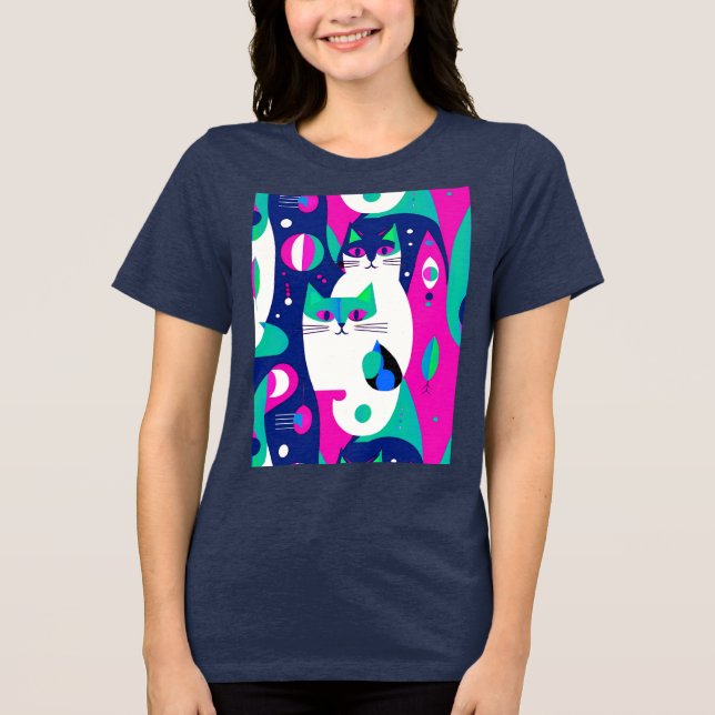  Mid-Century Modern Cats on a Dark Blue Background Tri-Blend Shirt (Front)