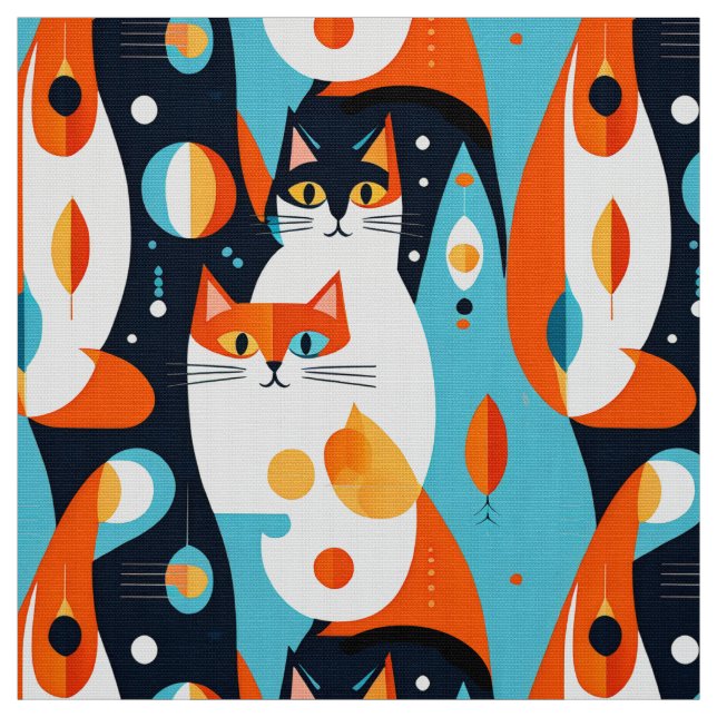 Mid-Century Modern Cats on an Abstract Background Fabric (Swatch)