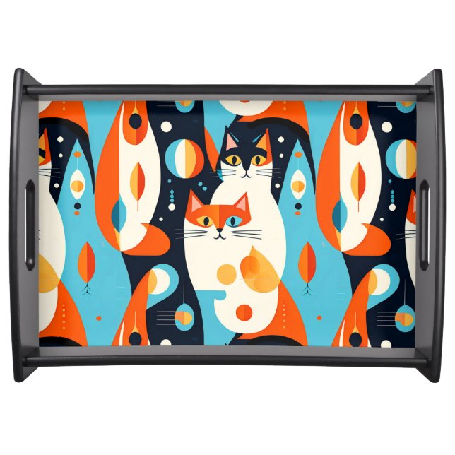  Mid-Century Modern Cats on an Abstract Background Serving Tray (Front)