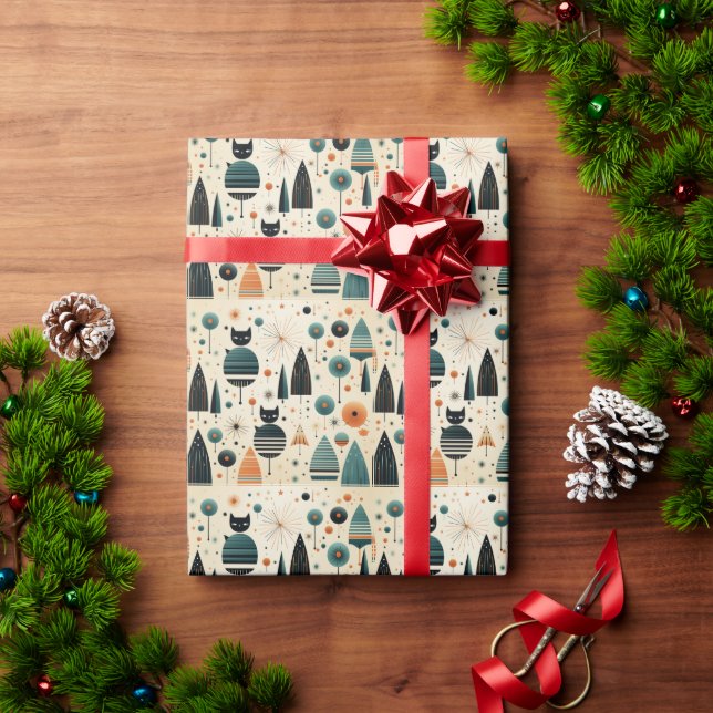 Mid Century Modern Cats Trees Flowers  Wrapping Paper (Holiday Gift)