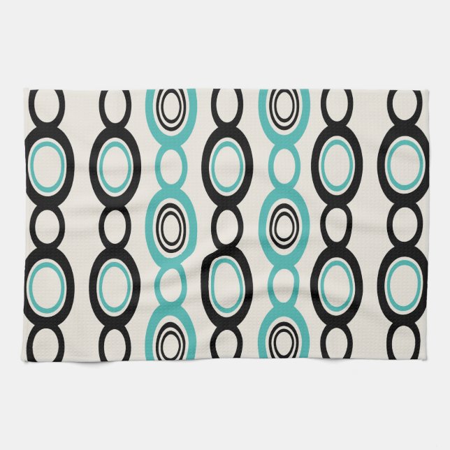 Mid Century Modern Chain Links Black Turquoise Kitchen Towel (Horizontal)