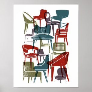Mid-Century Modern Chairs in Muted Retro Colors Poster