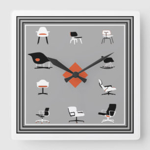 Mid Century Modern Chairs Retro Colors Square Wall Clock