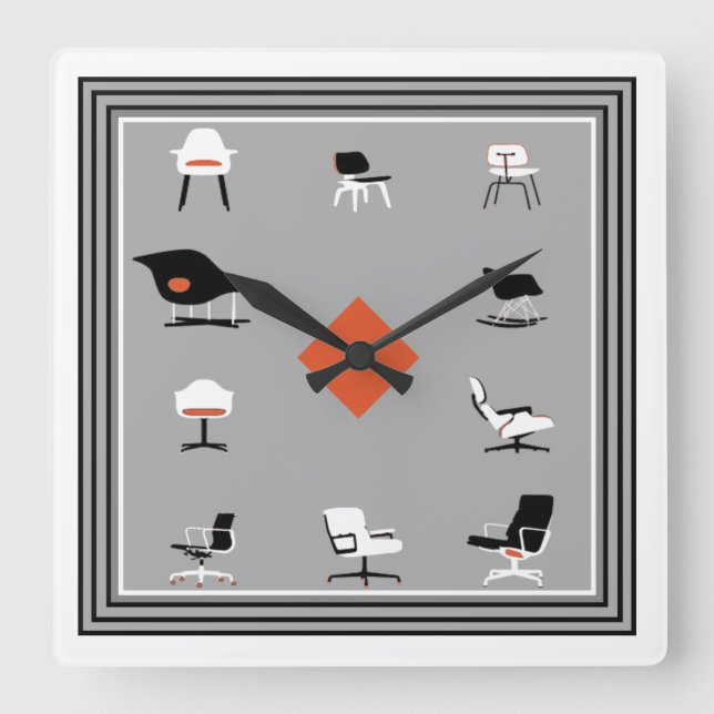 Mid Century Modern Chairs Retro Colors Square Wall Clock (Front)