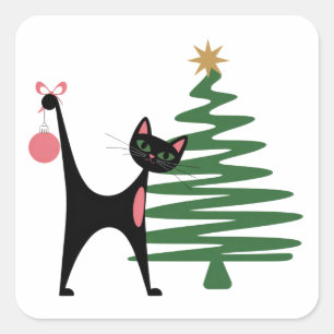 Mid-century Modern Christmas 1950's Atomic Cat Square Sticker