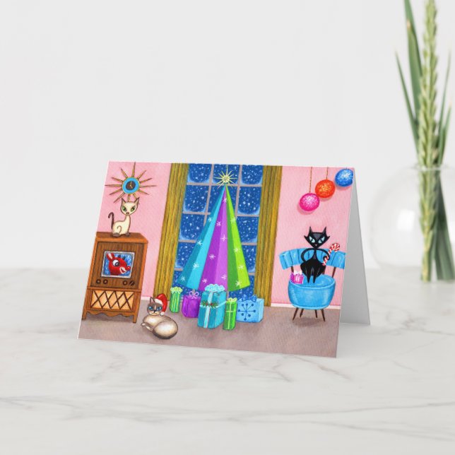 Mid-Century Modern Christmas Atomic Age Cats TV Card (Front)