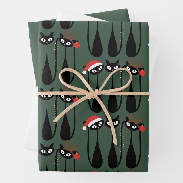 Mid Century Modern Christmas Cats Retro Classic Wrapping Paper Sheets (In situ)