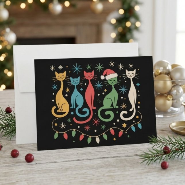 Mid Century Modern Christmas Cats with Lights Holiday Card (Creator Uploaded)