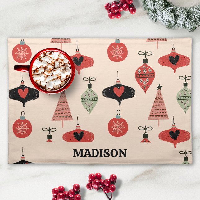 Mid Century Modern Christmas Pattern Custom Name Cloth Placemat (Creator Uploaded)