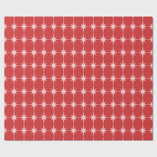 Mid Century Modern Christmas Pink and Red Stars Wrapping Paper (Seam)
