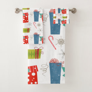 Mid Century Modern Christmas Present & Candy Cane  Bath Towel Set