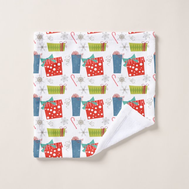 Mid Century Modern Christmas Present & Candy Cane  Bath Towel Set (Wash Cloth)