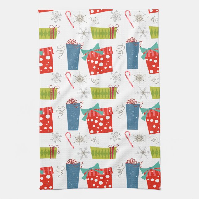 Mid Century Modern Christmas Present & Candy Cane  Kitchen Towel (Vertical)