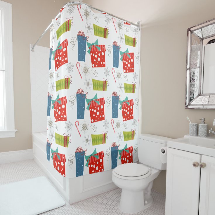 Mid Century Modern Christmas Present And Candy Cane Shower Curtain Zazzle