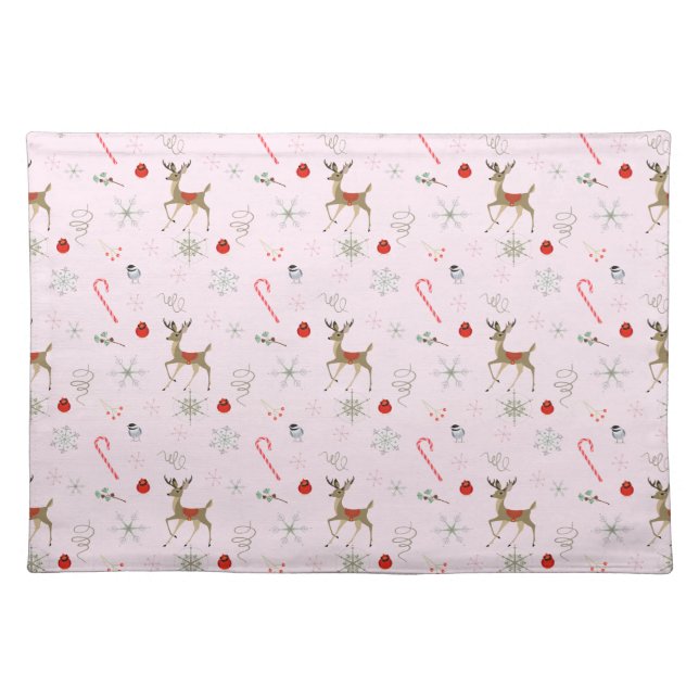  Mid Century Modern Christmas Reindeer Candy Canes Cloth Placemat (Front)