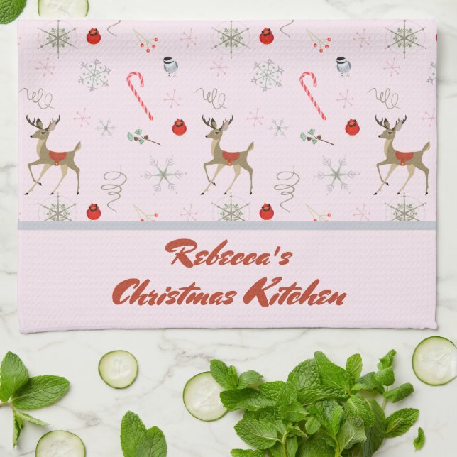 Mid Century Modern Christmas Reindeer Candy Canes Kitchen Towel (Folded)
