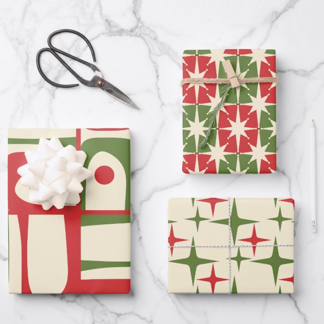 Mid-Century Modern Christmas Retro Patterns Wrapping Paper Sheets (Front)