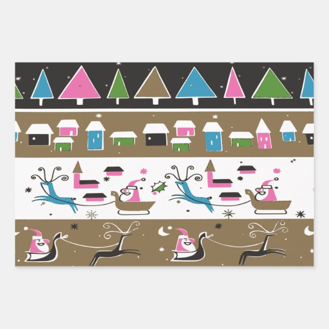 Mid Century Modern Christmas Scene Wrapping Paper Sheets (Front)