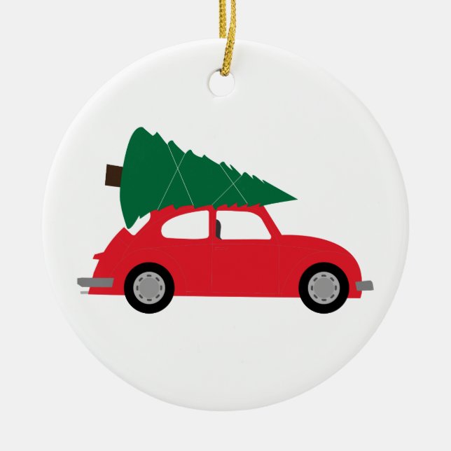 Mid Century Modern Christmas Tree & Red Car Ceramic Ornament (Front)