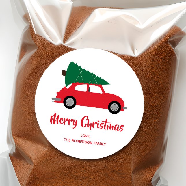 Mid Century Modern Christmas Tree & Red Car Classic Round Sticker (Creator Uploaded)