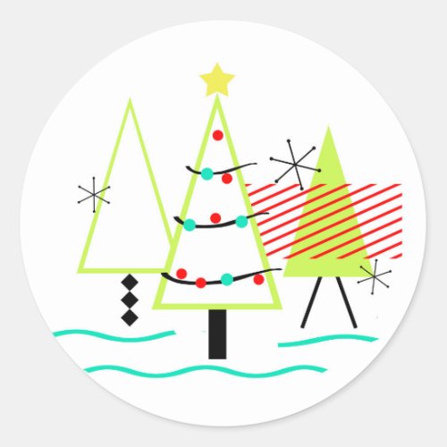 mid century modern christmas trees retro classic round sticker