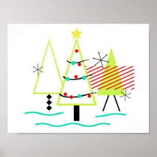 mid century modern christmas trees retro poster