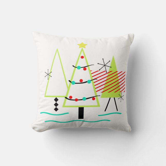 mid century modern christmas trees retro throw pillow (Front)