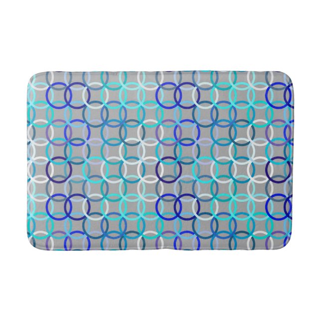 Mid-Century Modern circles, grey, blue and white Bathroom Mat (Front)