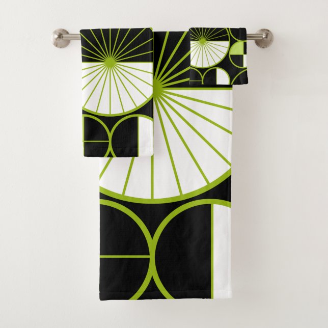 Mid Century Modern Circles Halves Black Chartreuse Bath Towel Set (Insitu)