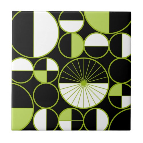 Mid Century Modern Circles Halves Black Chartreuse Ceramic Tile