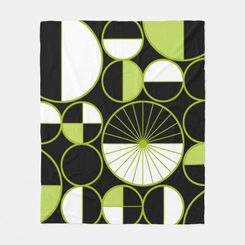 Mid Century Modern Circles Halves Black Chartreuse Fleece Blanket