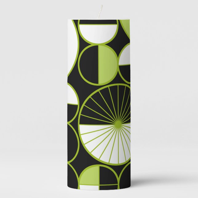 Mid Century Modern Circles Halves Black Chartreuse Pillar Candle (Front)