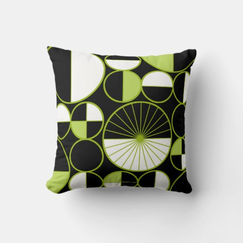 Mid Century Modern Circles Halves Black Chartreuse Throw Pillow