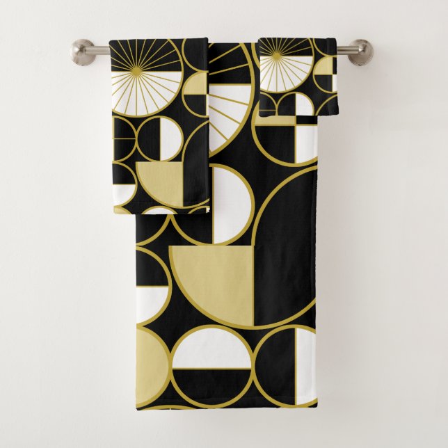 Mid Century Modern Circles Halves Black Gold Bath Towel Set (Insitu)