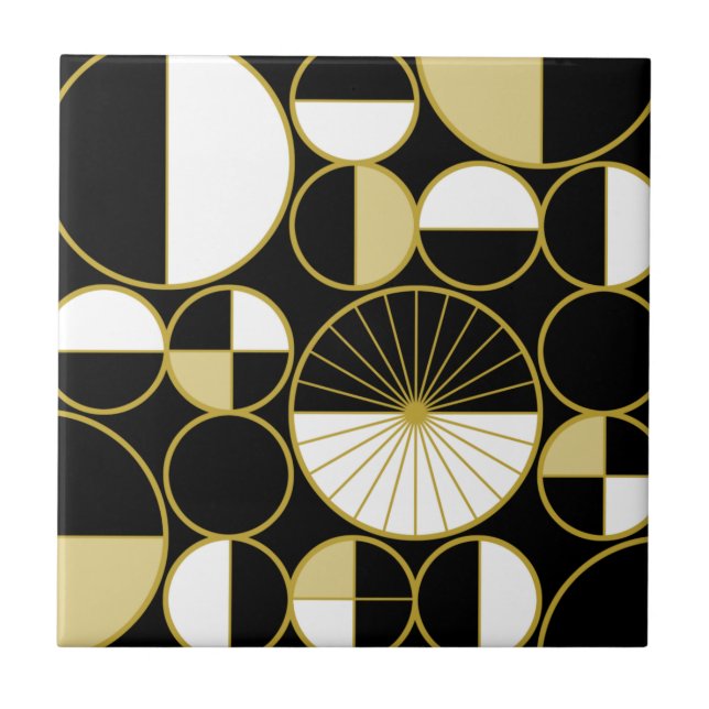 Mid Century Modern Circles Halves Black Gold Ceramic Tile (Front)
