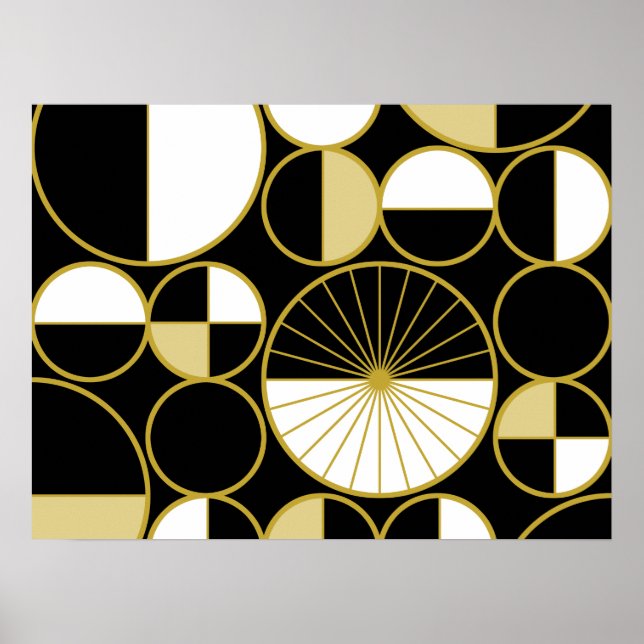Mid Century Modern Circles Halves Black Gold Poster (Front)